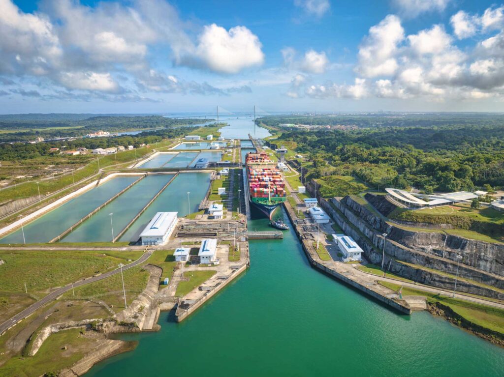 Aerial view of the Panama Canal locks with ships